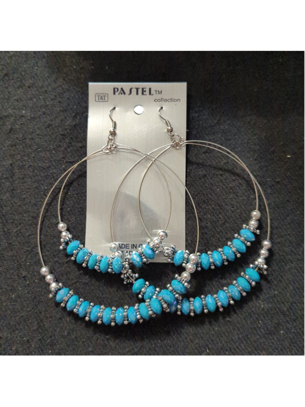 Pastel Collection Silver Tone Blue Beaded Hoop Dangle Statement Earrings